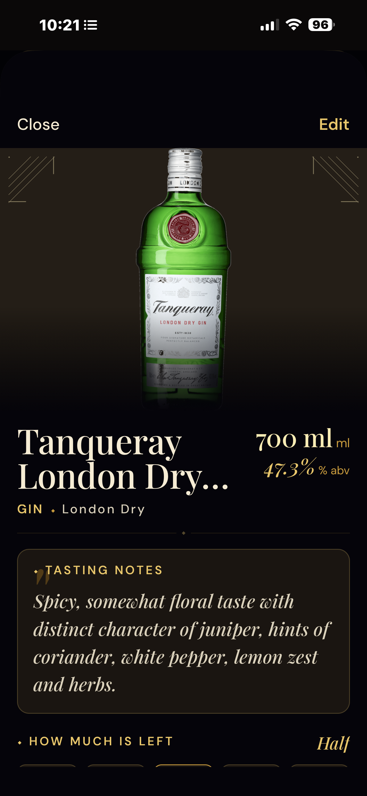 My Bar Shelf, bottle detail view of a Tanqueray London Dry with tasting notes